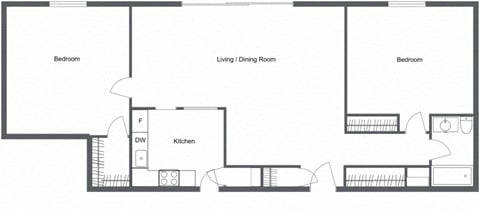 Floor plan for 2 beds, 1 bath, 1150 sqft